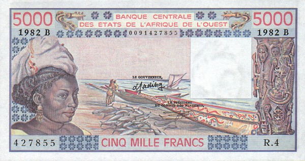 Front of West African States p208Bf: 5000 Francs from 1982