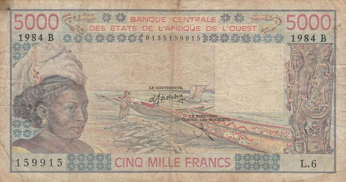 Front of West African States p208Bh: 5000 Francs from 1984