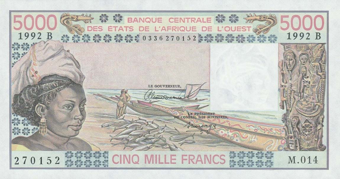 Front of West African States p208Bo: 5000 Francs from 1992