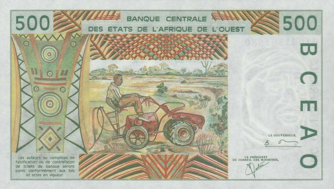 Back of West African States p210Bm: 500 Francs from 2001