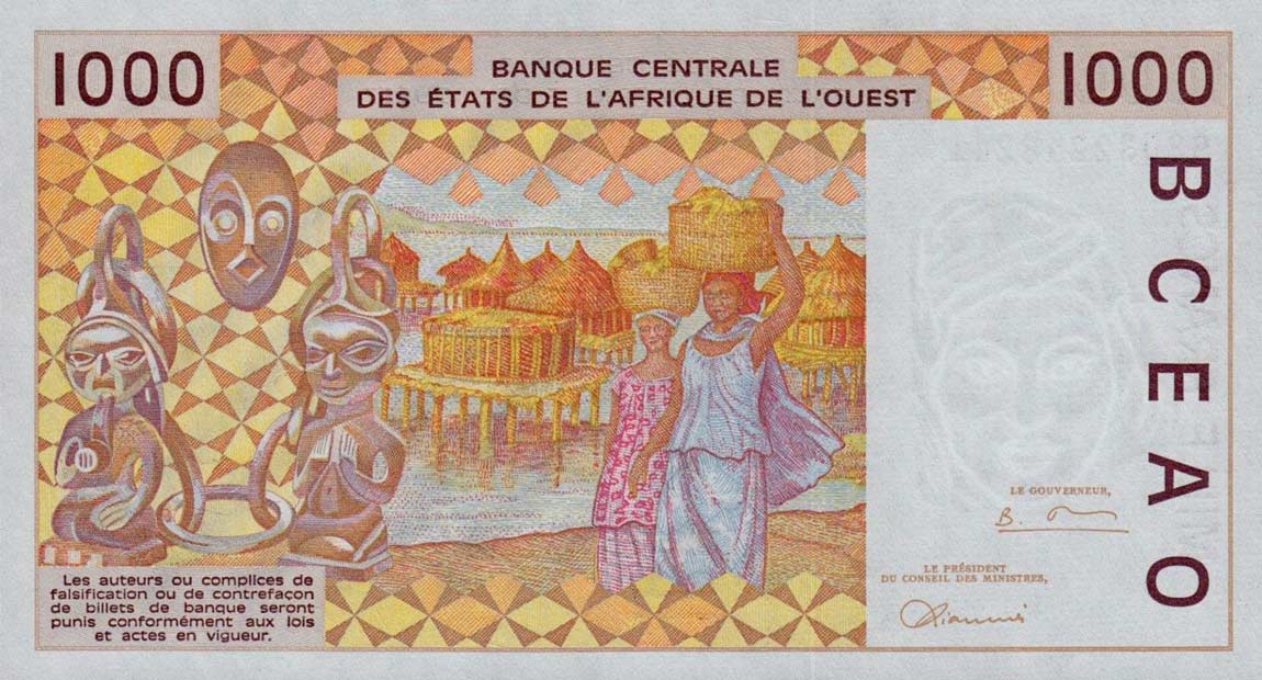 Back of West African States p211Bh: 1000 Francs from 1997