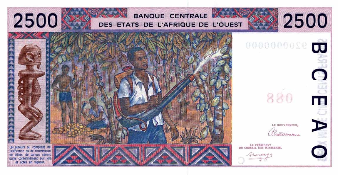 Back of West African States p212Bs: 2500 Francs from 1992