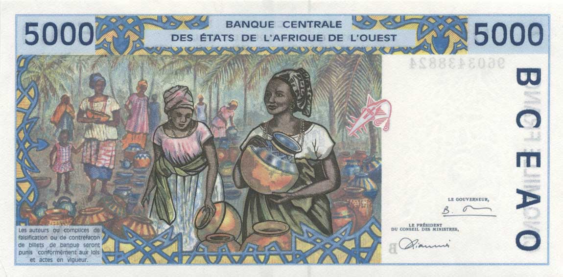 Back of West African States p213Be: 5000 Francs from 1996