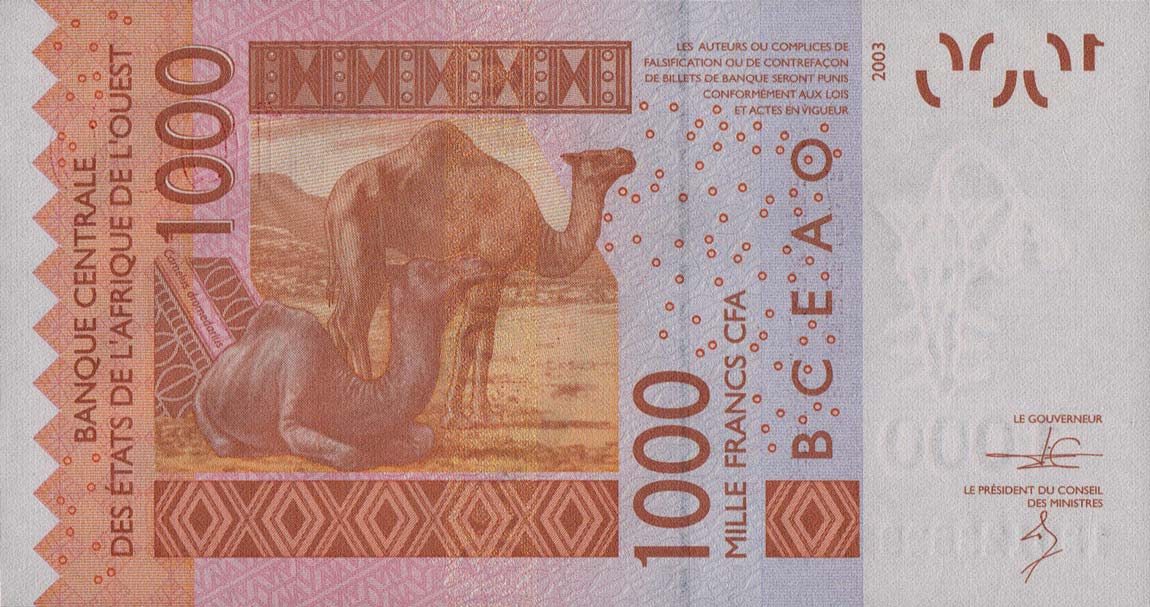 Back of West African States p215Bm: 1000 Francs from 2013