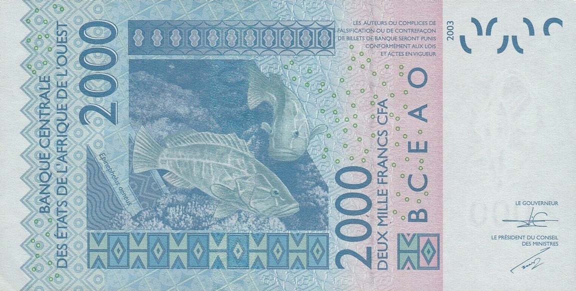 Back of West African States p216Bo: 2000 Francs from 2015