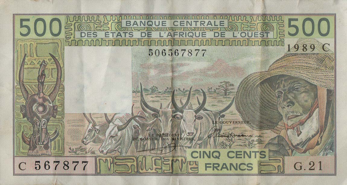 Front of West African States p306Cl: 500 Francs from 1989