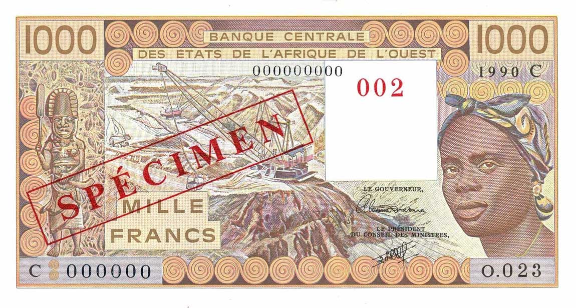 Front of West African States p307Cs: 1000 Francs from 1988