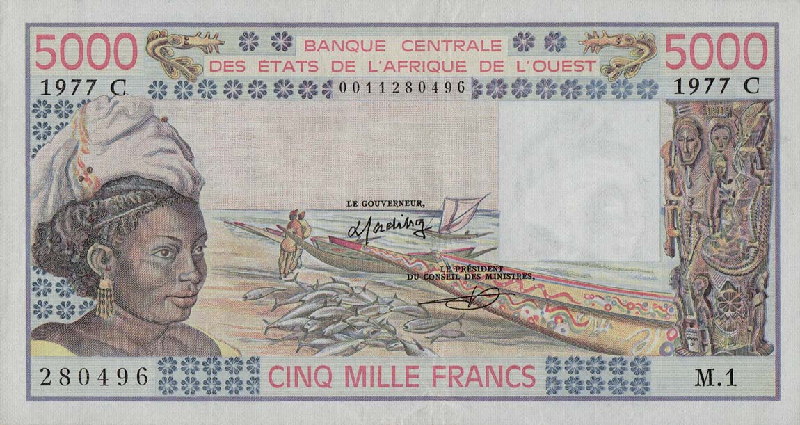 Front of West African States p308Cc: 5000 Francs from 1977