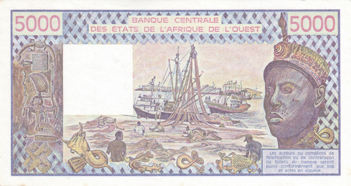 Back of West African States p308Cd: 5000 Francs from 1988