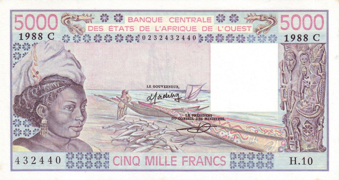 Front of West African States p308Cd: 5000 Francs from 1988