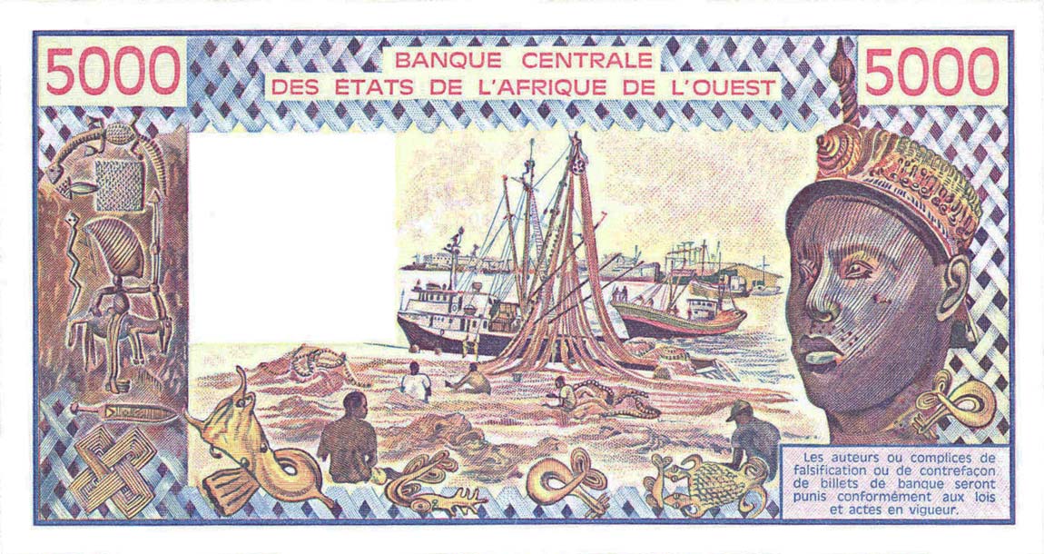 Back of West African States p308Cg: 5000 Francs from 1982