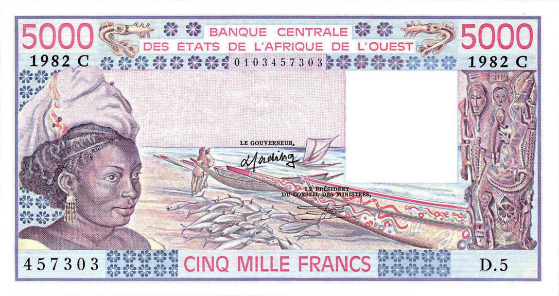 Front of West African States p308Cg: 5000 Francs from 1982