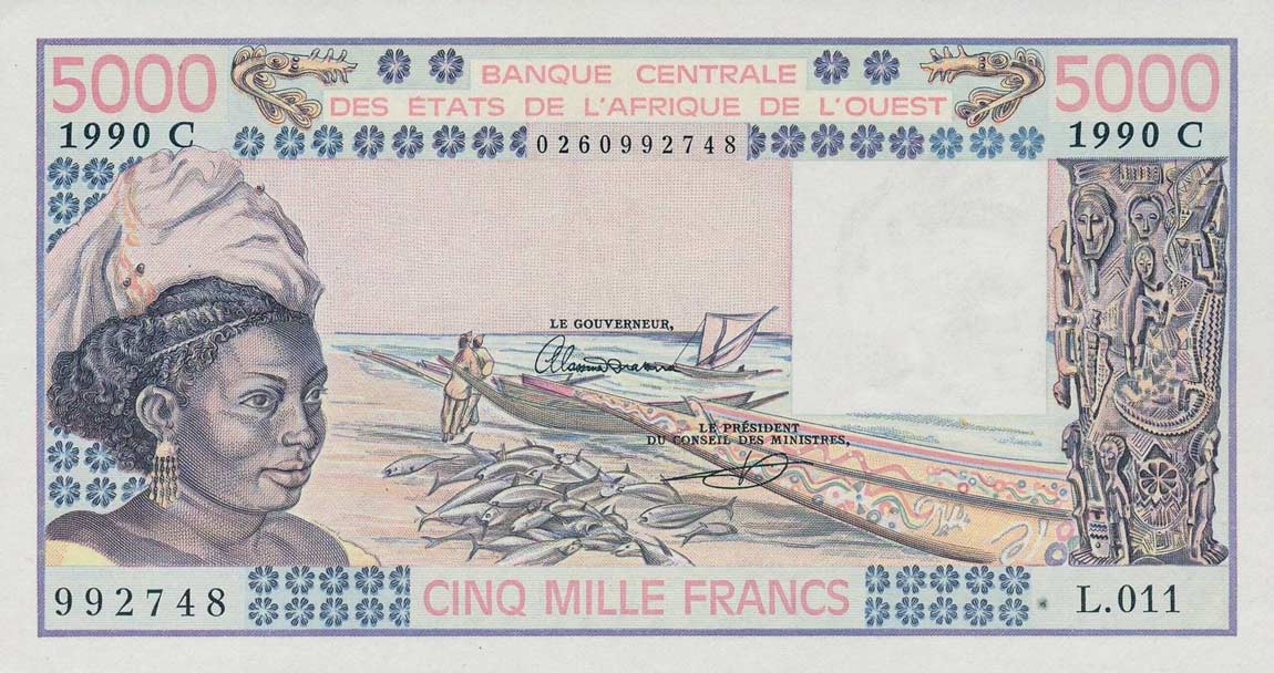 Front of West African States p308Cn: 5000 Francs from 1990