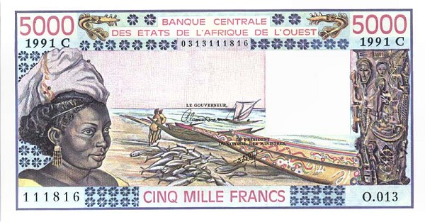 Front of West African States p308Co: 5000 Francs from 1991