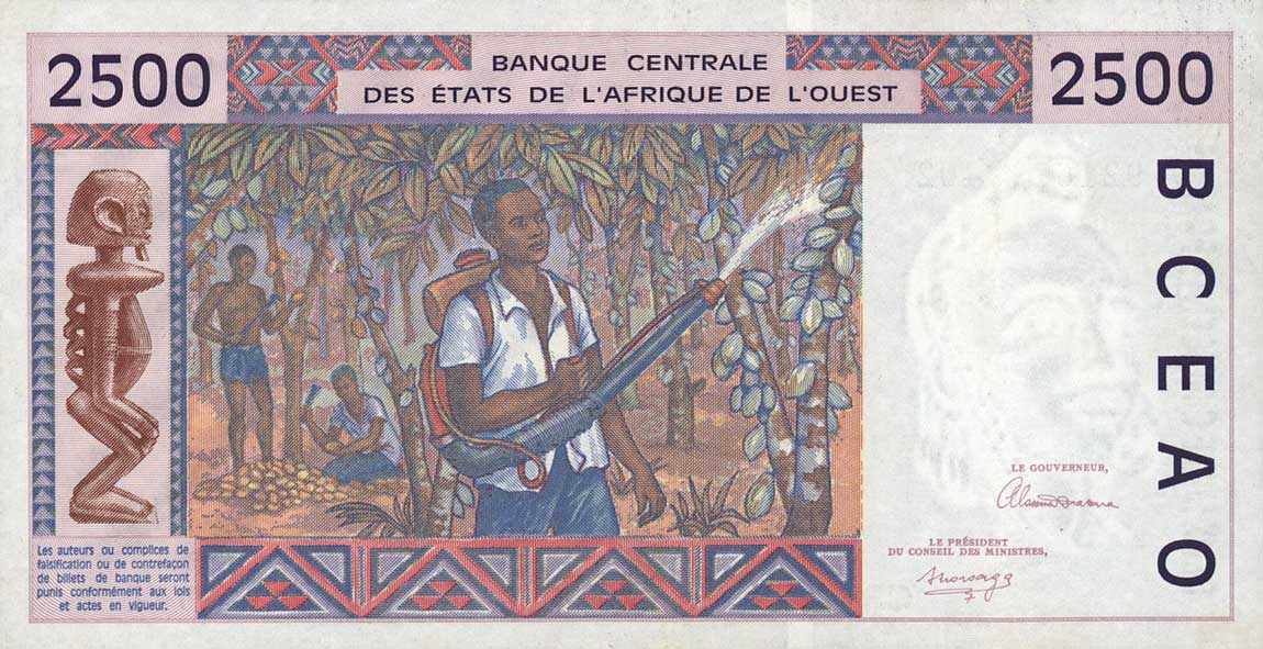 Back of West African States p312Ca: 2500 Francs from 1992