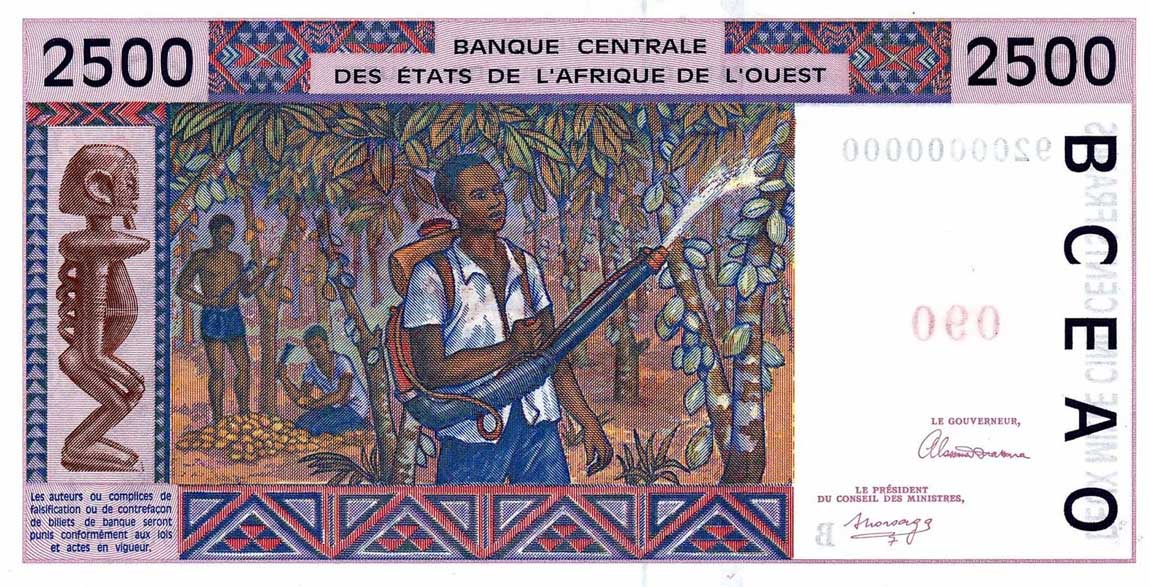 Back of West African States p312Cs: 2500 Francs from 1992