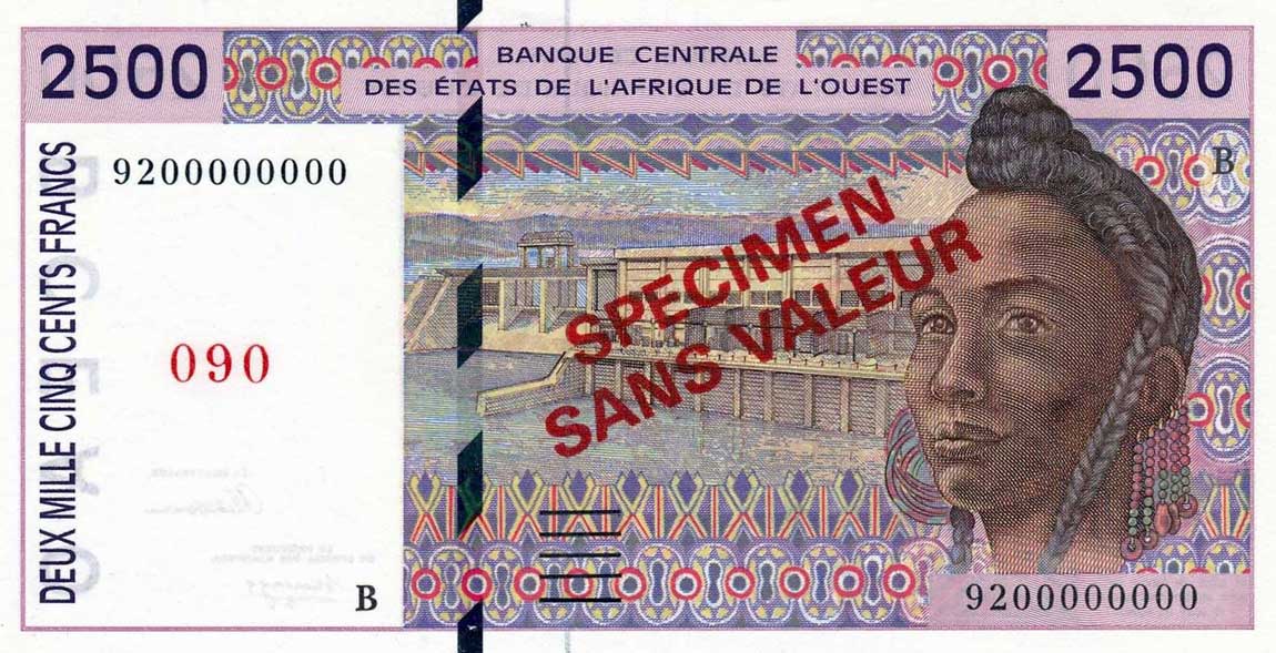 Front of West African States p312Cs: 2500 Francs from 1992