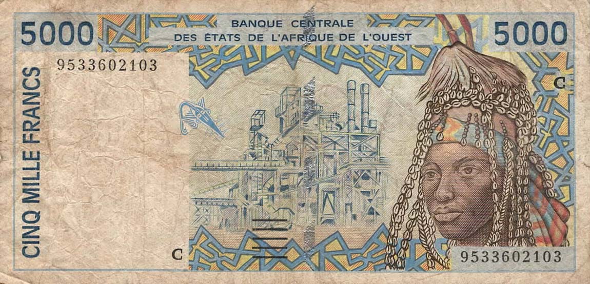 Front of West African States p313Cd: 5000 Francs from 1995