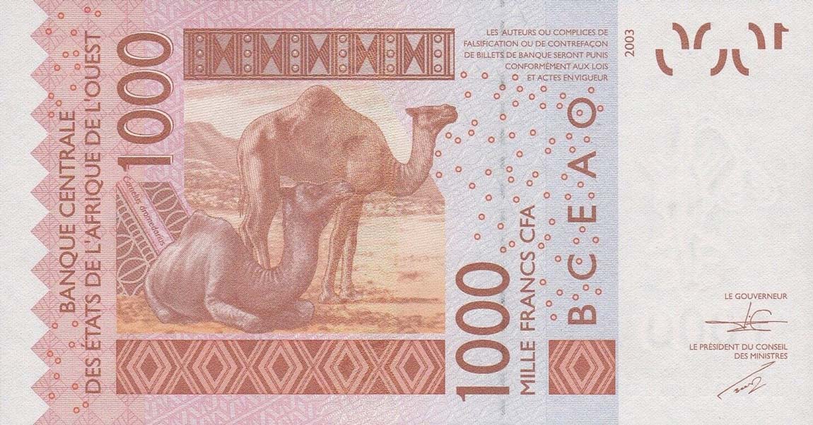 Back of West African States p315Co: 1000 Francs from 2015