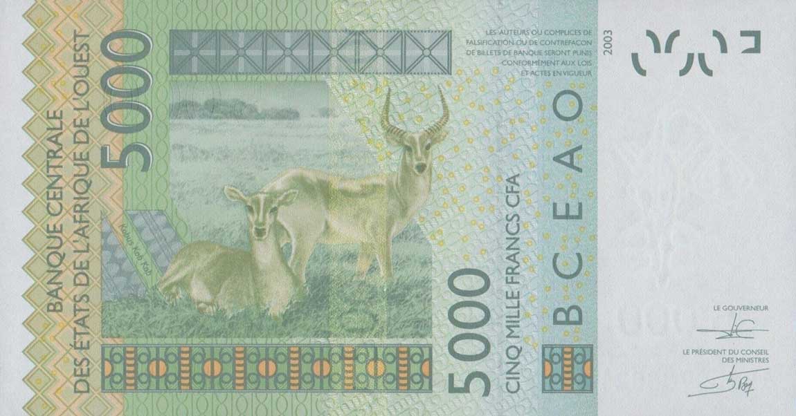 Back of West African States p317Cl: 5000 Francs from 2012