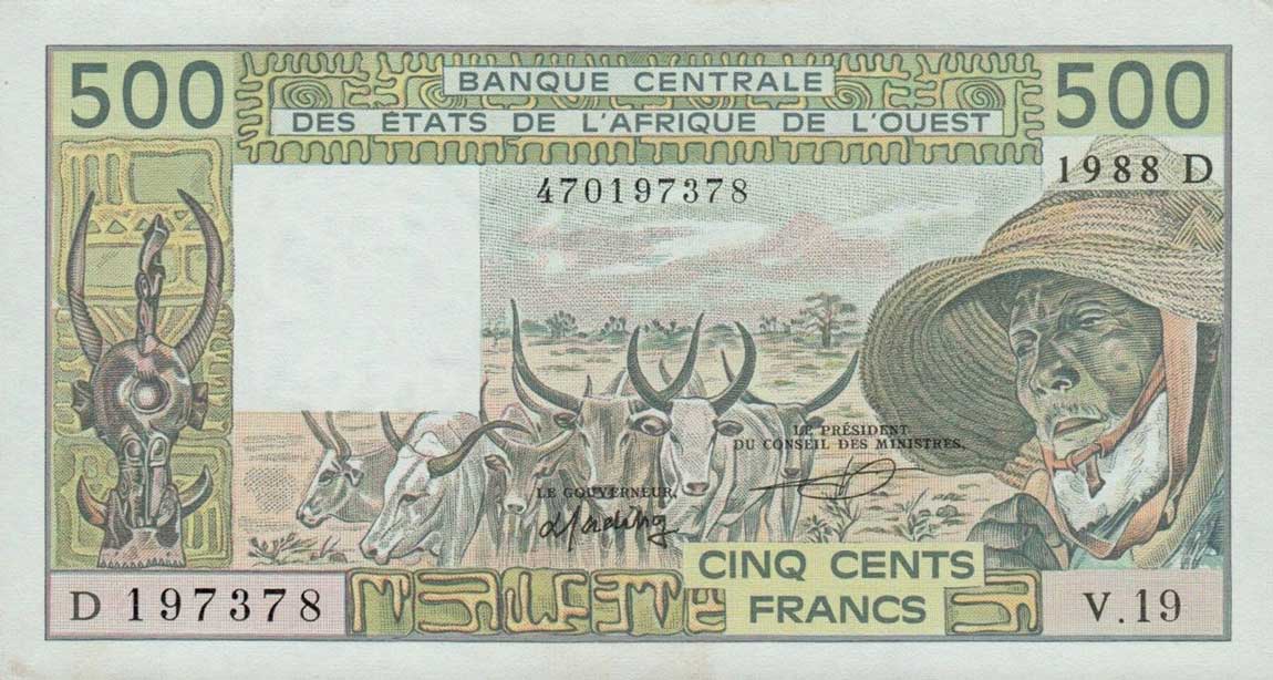 Front of West African States p405Da: 500 Francs from 1988