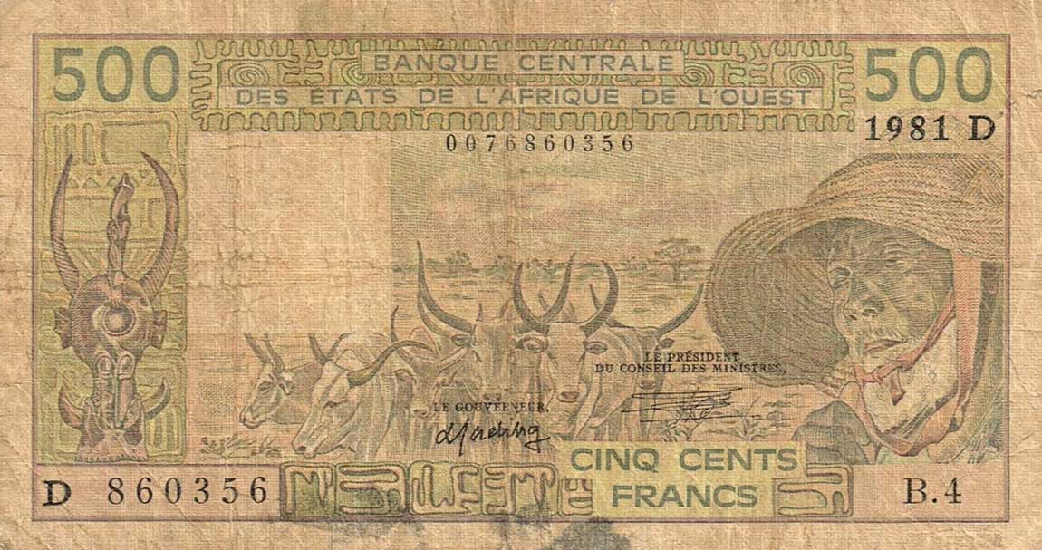 Front of West African States p405Db: 500 Francs from 1981