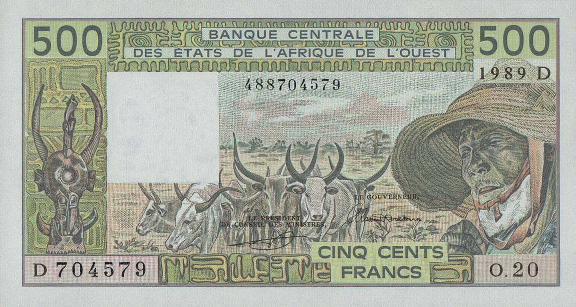 Front of West African States p405Dh: 500 Francs from 1989