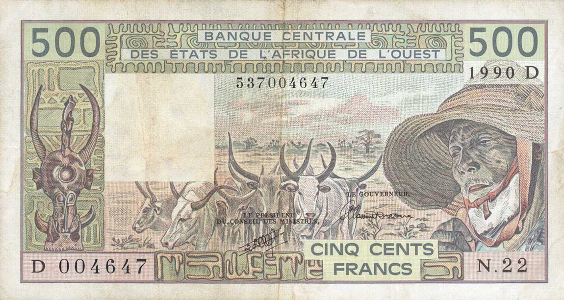 Front of West African States p405Di: 500 Francs from 1990