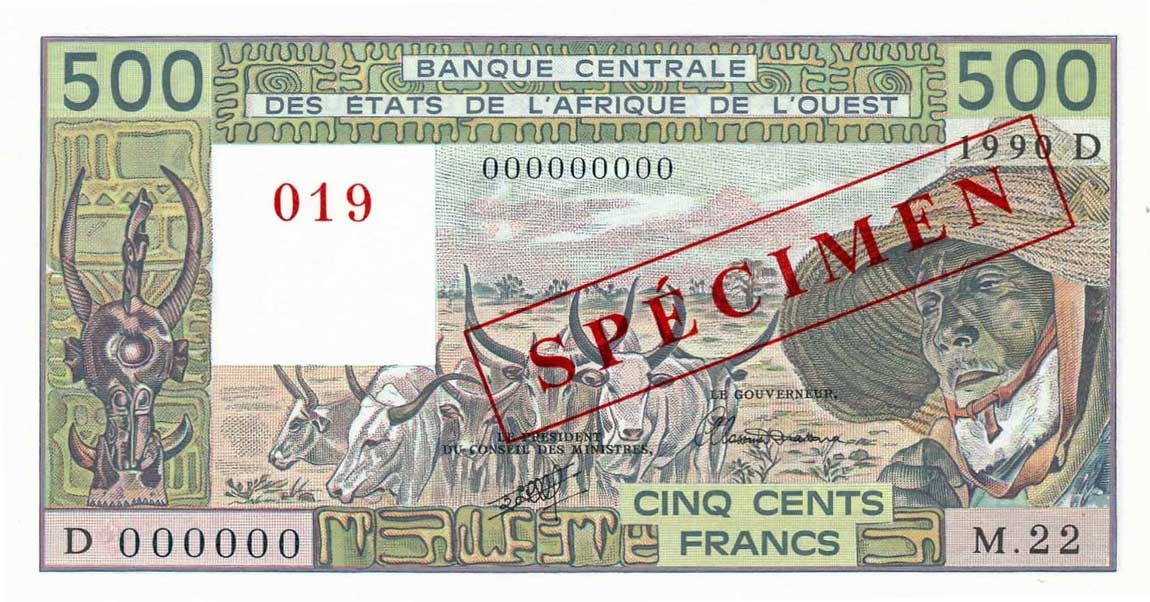 Front of West African States p405Ds: 500 Francs from 1988