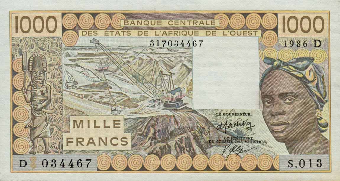 Front of West African States p406Dg: 1000 Francs from 1986