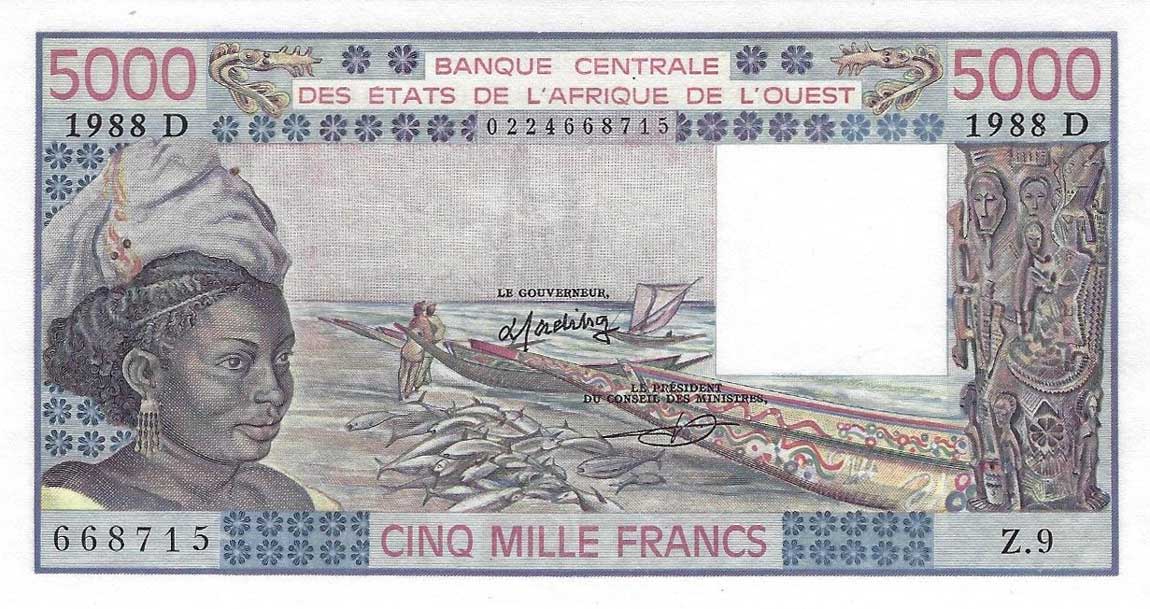 Front of West African States p407Da: 5000 Francs from 1988