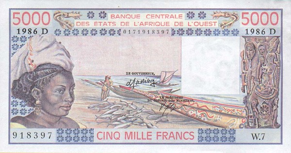 Front of West African States p407Dg: 5000 Francs from 1986