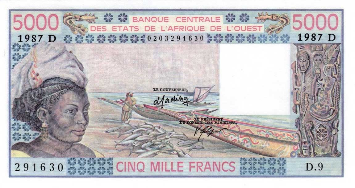 Front of West African States p407Dh: 5000 Francs from 1987