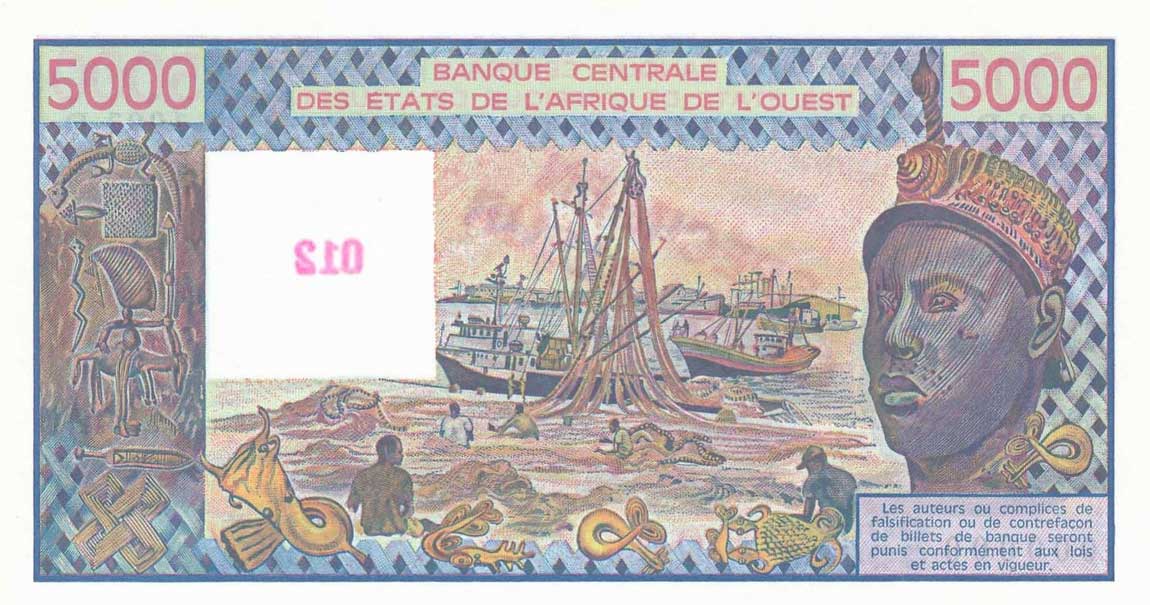 Back of West African States p407Ds: 5000 Francs from 1988