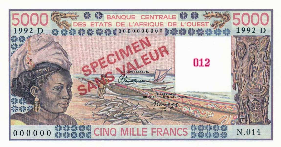 Front of West African States p407Ds: 5000 Francs from 1988