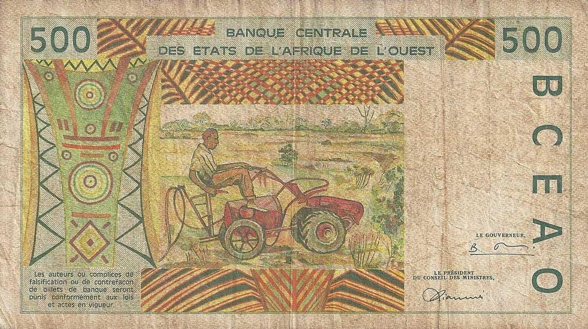 Back of West African States p410Df: 500 Francs from 1996