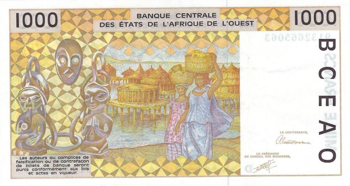 Back of West African States p411Da: 1000 Francs from 1991