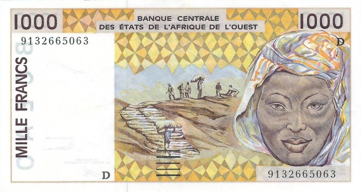 Front of West African States p411Da: 1000 Francs from 1991