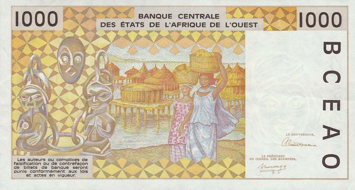 Back of West African States p411Db: 1000 Francs from 1992