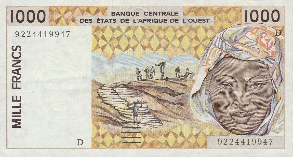 Front of West African States p411Db: 1000 Francs from 1992