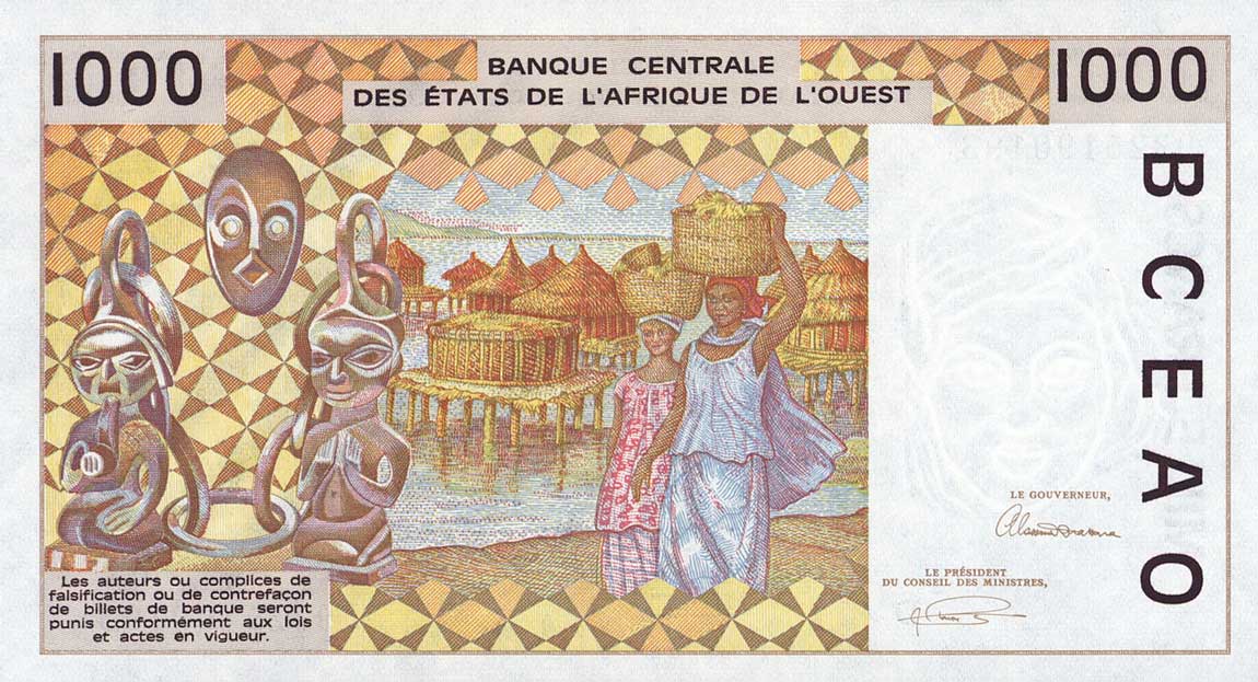 Back of West African States p411Dc: 1000 Francs from 1993