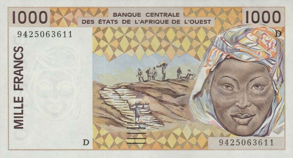 Front of West African States p411Dd: 1000 Francs from 1994