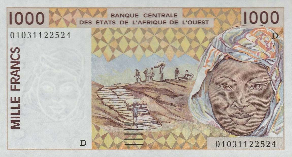 Front of West African States p411Dk: 1000 Francs from 2001