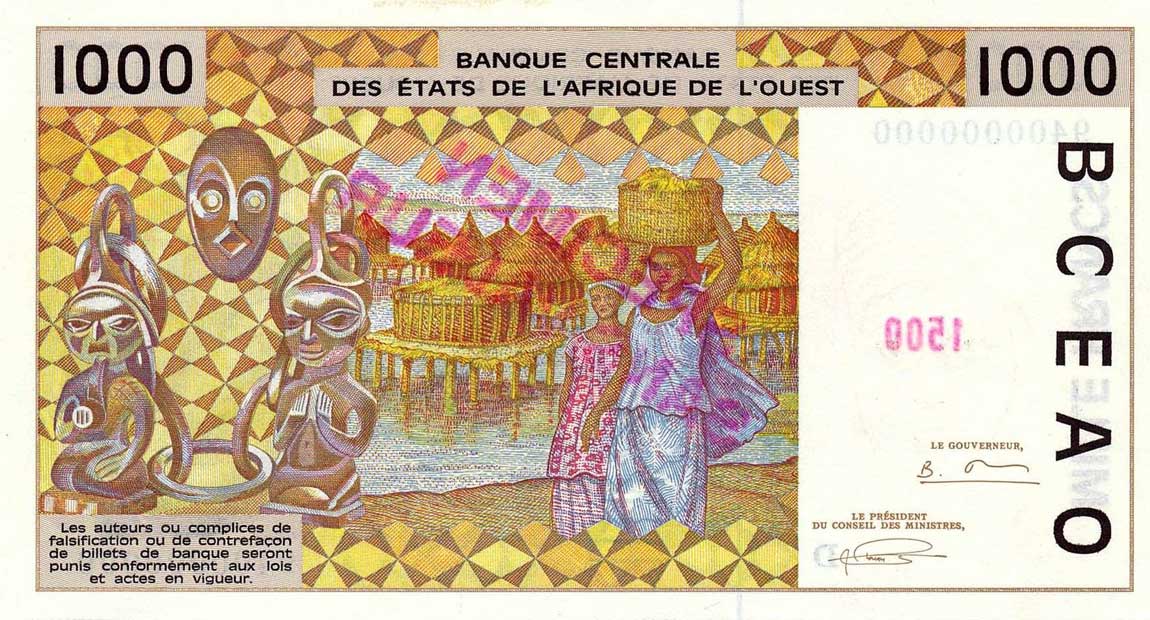 Back of West African States p411Ds: 1000 Francs from 1991