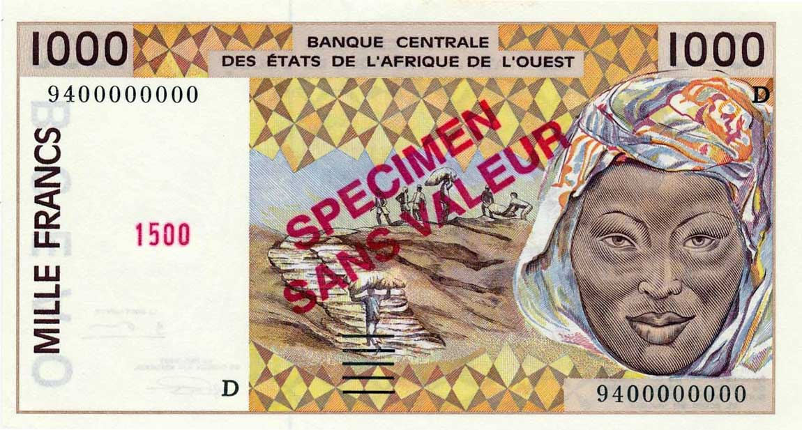 Front of West African States p411Ds: 1000 Francs from 1991