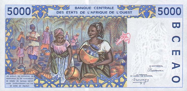 Back of West African States p413Da: 5000 Francs from 1992