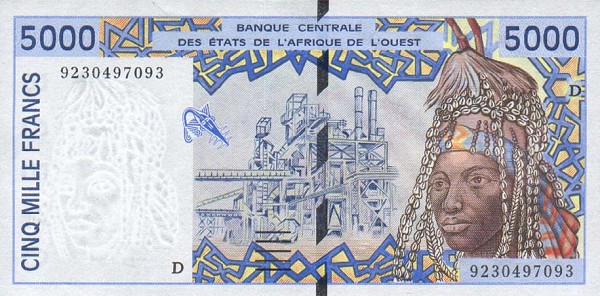 Front of West African States p413Da: 5000 Francs from 1992