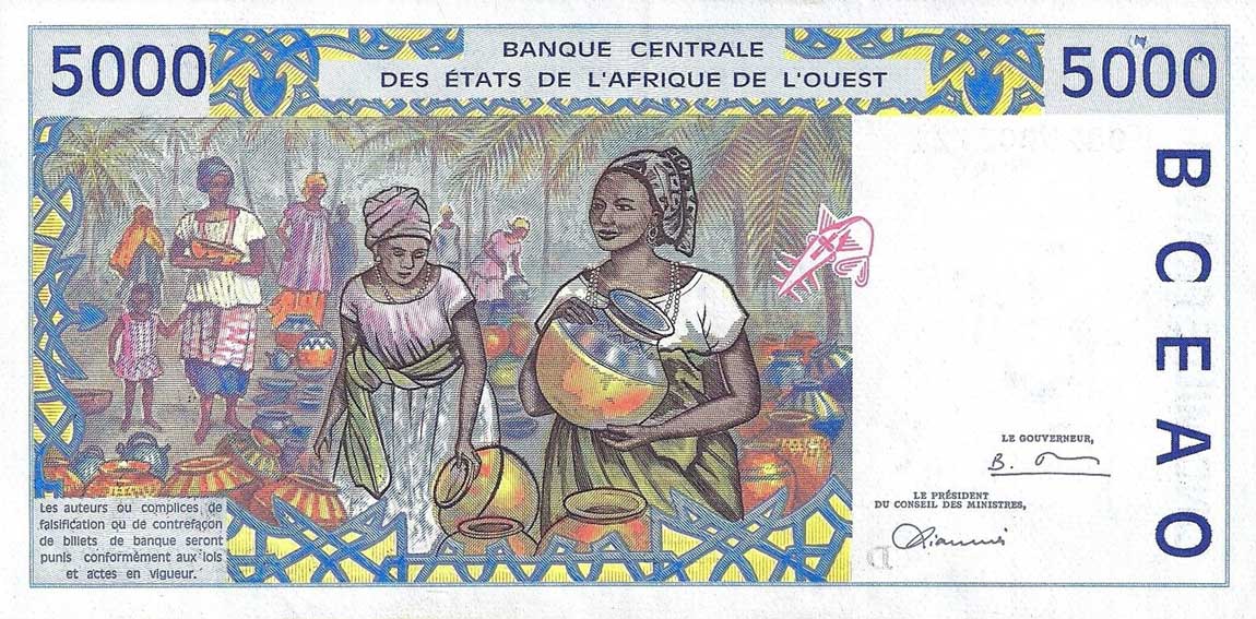 Back of West African States p413Df: 5000 Francs from 1998