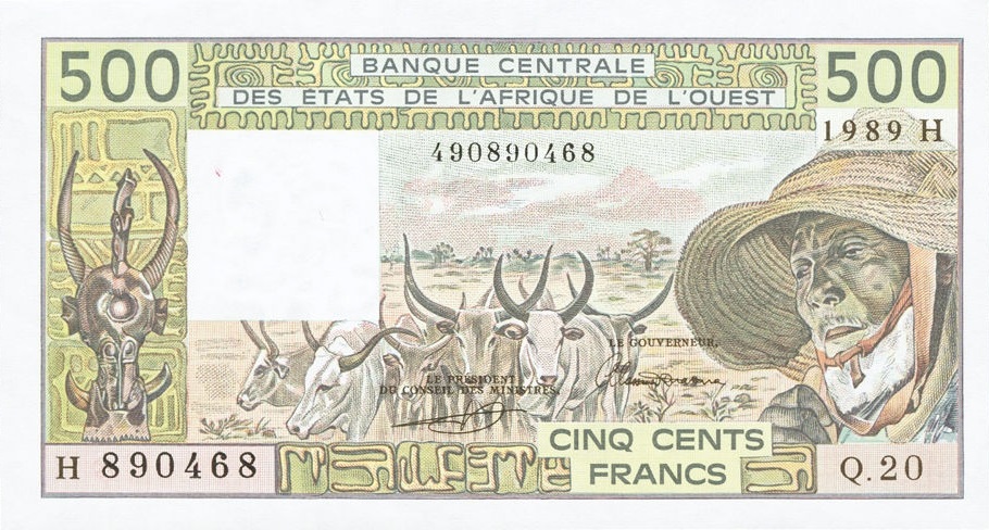 Front of West African States p606Hk: 500 Francs from 1989