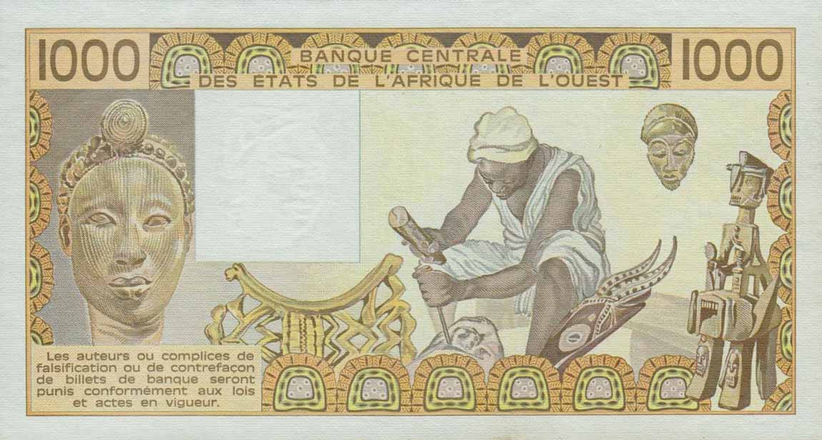 Back of West African States p607Ha: 1000 Francs from 1988